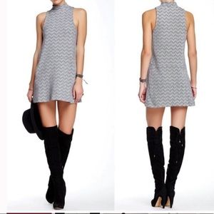 Free People Drop Waist Mock Neck Dress Gray Chevron With Pockets Size Medium